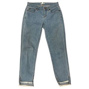 Eileen Fisher Ankle Jeans Women's 4 Petite Blue Denim Frayed Hem Zip Fly Stretch